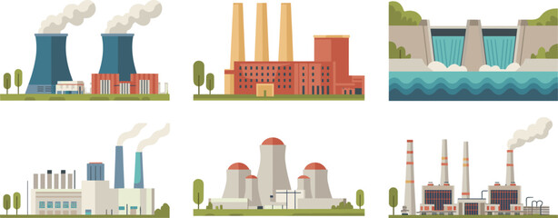 Industrial power plant illustration set showing factories, thermal and hydroelectric stations, energy production facilities, electricity generation infrastructure, flat modern design