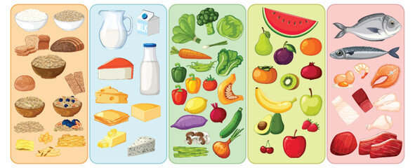 Balanced Food Groups Vector Illustration with Colorful Icons