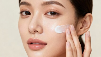 Young East Asian female model smoothly applying thick white moisturizing cream onto her cheek.