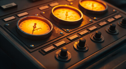 A close-up shot of a vintage control panel, exuding an aura of retro technology. the panel displays three analog gauges, dials and switches.