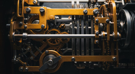Fototapeta premium A close-up captures the intricate mechanics of an antique calculating machine. Gears, levers, and metal components create a mesmerizing display of engineering.