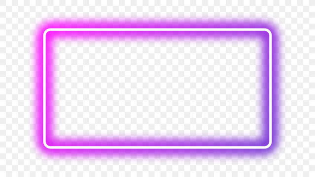 Neon glowing pink and purple gradient rectangular frame on transparent background. Glowing border with bright futuristic neon effect. Shining rectangle with empty center. Vector illustration.