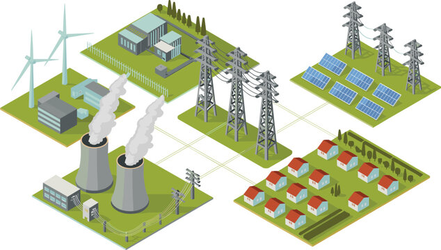 Isometric energy distribution network illustration, wind solar thermal power plants connected to grid, electricity transmission to residential areas