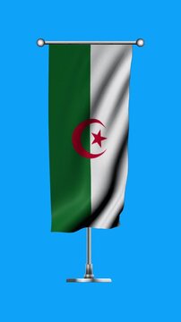 Realistic Standing Vertical  Wavy Flag Banner of ALGERIA on Metallic Pole with Loop Animation