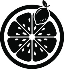 A black and white illustration of a sliced citrus fruit with a leaf