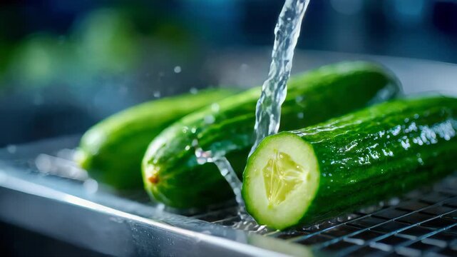 Fresh cucumbers being washed under running water in a stainless steel sink, close-up with splashes, concept of food hygiene and healthy eating