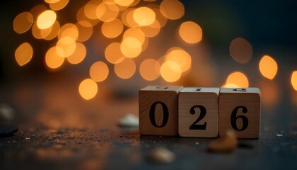 2026 New Year Celebration - Wooden Number Blocks And Golden Fireworks At Eve Night With Abstract Defocused Lights