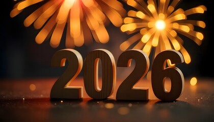 2026 New Year Celebration - Wooden Number Blocks And Golden Fireworks At Eve Night With Abstract Defocused Lights