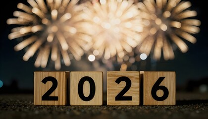 2026 New Year Celebration - Wooden Number Blocks And Golden Fireworks At Eve Night With Abstract Defocused Lights