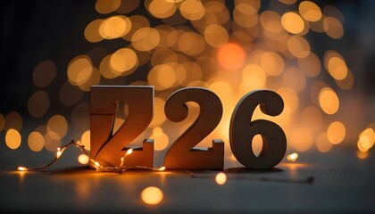 2026 New Year Celebration - Wooden Number Blocks And Golden Fireworks At Eve Night With Abstract Defocused Lights