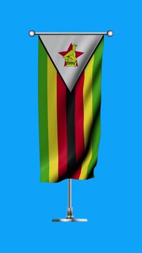 Realistic Standing Vertical  Wavy Flag Banner of ZIMBABWE on Metallic Pole with Loop Animation