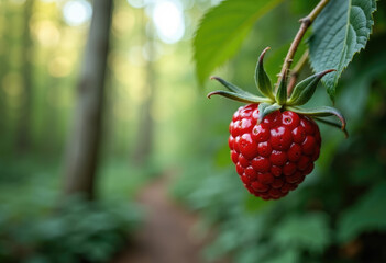 Forest in the background,free space for text on the side, berry in close-up