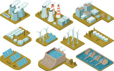 Isometric power generation types illustration, fossil nuclear renewable energy plants, solar wind hydro tidal biomass systems overview