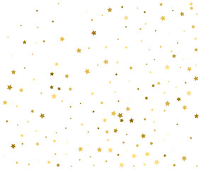 Gold stars background with falling confetti on white. Festive vector illustration for celebration or holiday. Magic sparkle pattern with copy space