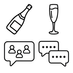Champagne Bottle and Glass Celebration Set with Social Media Group Chat and Message Bubble Outline Icons