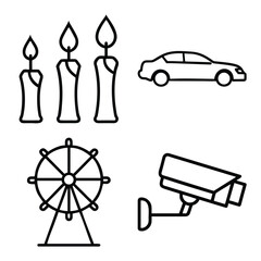 Burning Wax Candles Set, Modern Sedan Car Silhouette, Amusement Park Ferris Wheel, and CCTV Security Surveillance Camera Outline Icons