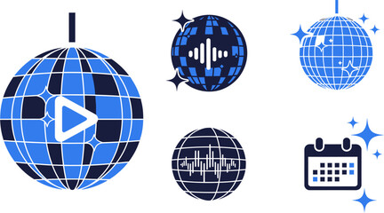A vibrant collection of vector icons featuring glittering disco balls, music playback, sound wave equalizers, and an event calendar, ideal for party, dance, and celebration designs