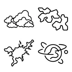 Fototapeta premium Group of Fluffy Clouds, Abstract Organic Fluid Shapes, Ink Splat Patterns, and Orbiting Planet Outline Icons Set