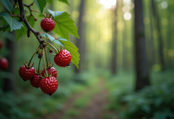 Forest in the background,free space for text on the side, berry in close-up