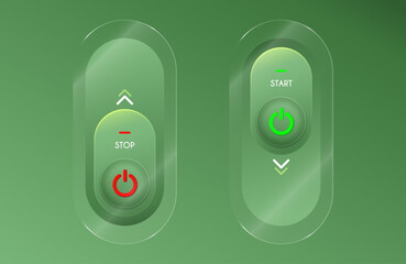 Glass and 3D Buttons Design. VPN Service Concept. Start and Stop Button. Isolated modern vector illustration