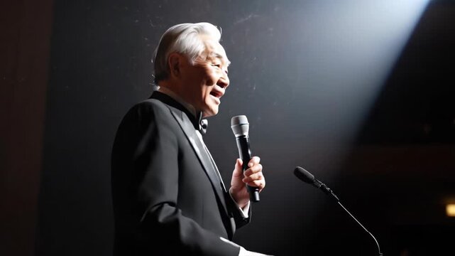 Man delivering passionate speech on stage. Gesturing emphatically with microphone under spotlight in beginning. Turning to audience in middle frame. Smiling confidently at end during formal