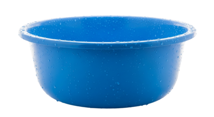 Blue plastic bucket with water droplets isolated on transparent background