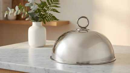  a sleek, silver dome lid on a marble tray, with a white vase holding green ferns in the background.