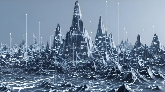 Digital Data Abstract Peaks with Cyber Futuristic Glowing Tech Lines - Powered by Adobe