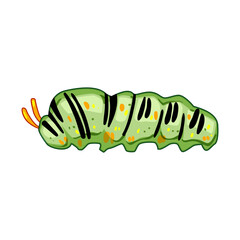 Green striped and spotted caterpillar illustration with antennae on white background, playful vector character symbolizing growth, metamorphosis, nature, education, and garden life cycle