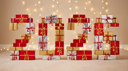 Photograph of the year "2026" formed by stacked gift boxes with red and gold ribbons, against a beige backdrop with string lights.