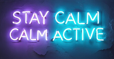 Obraz premium Neon sign displays message Stay Calm Calm Active. Blue, purple hues create vibrant background. Simple, motivational text design.