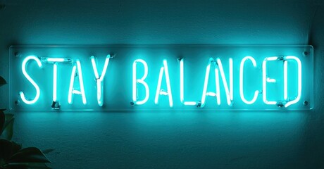 Fototapeta premium Bright neon sign displays positive message. Turquoise glow illuminates dark wall. Minimalist aesthetic, simple typography. Inspiring words promote wellbeing.