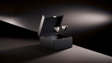 Elegant Open Black Jewelry Box Mockup with Floating Metallic Hearts