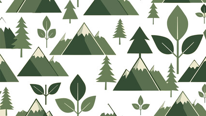 Obraz premium Abstract forest and mountain landscape vector pattern, showcasing a tranquil blend of geometric peaks, evergreen trees, and organic leaf motifs for eco-friendly designs
