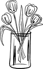 Hand drawn tulips in vase. Wild garden flower bouquet for wedding, invitations, cards in sketch, minimalist style. Brush ink or chalk stroke abstract flowers. Chalk or charcoal vector illustration.