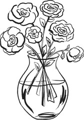 Sketch hand drawn flowers in vase. Wild garden flower bouquet for wedding, invitations, cards. Brush ink or chalk stroke abstract flowers. Minimalist chalk or charcoal vector illustration.