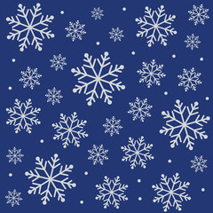 雪の結晶シームレスパターン（ネイビー）ー 北欧風の雪の結晶が舞うネイビーと薄いグレーの冬のシームレス背景。。デザインペーパー、マスキングテープ、マスキングシールブック、フレークシール、手帳デコ素材、ノート表紙、ハンカチ、箸、マグカップ、皿、キッチンクロス、キッチン雑貨、ポーチ等に最適。