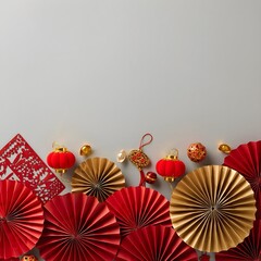 Clean studio photograph of red and gold Lunar New Year decorations in a minimalist still life with soft diffused lighting and elegant festive mood.
