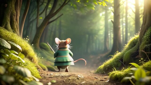 Little mouse character in green tunic holding a staff on a sunlit forest path for a fantasy adventure concept and whimsical storytelling