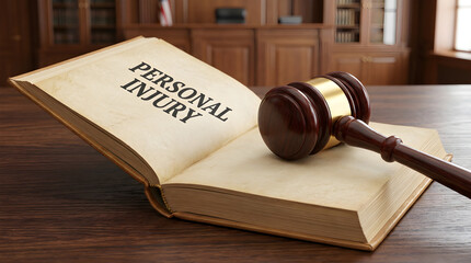  an open book titled "PERSONAL INJURY" on a wooden table, with a wooden gavel resting on it, in a courtroom setting.