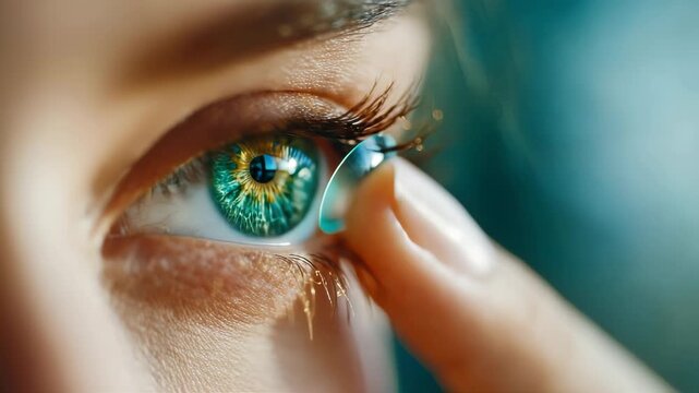 Extreme close-up of a human eye with a contact lens on a fingertip, concept of vision correction and eye care