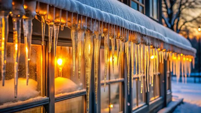 Golden hour light illuminates sharp icicles hanging from a snow-covered roof over warmly glowing windows, embodying a cozy winter comfort concept and seasonal charm