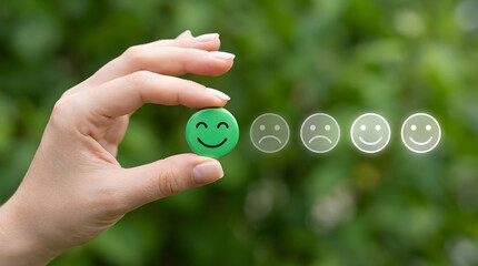 A hand holding a green smiley face emoji, with five smaller, translucent, white frowning face emojis in the background.