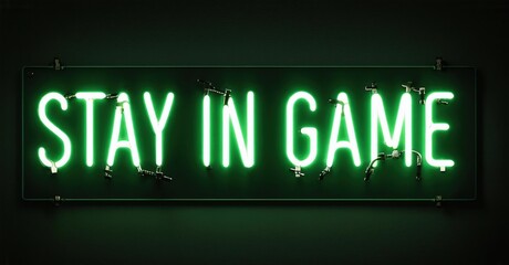 Fototapeta premium Bright neon sign displays Stay in Game text. Dark background emphasizes glowing green illumination. Simple, motivational message presented.