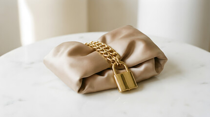 a luxurious, beige satin clutch bag with a gold chain strap and lock, placed on a white marble surface