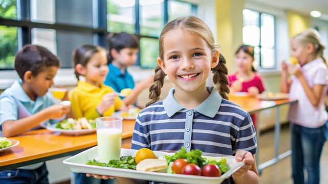Happy elementary school girl smiling while holding a healthy lunch tray in a bright school cafeteria for a balanced nutrition concept and child well-being