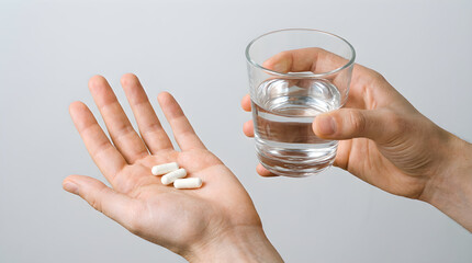 a light-skinned hand holding a glass of water, with another hand extending a palm displaying three white tablets