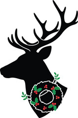 Silhouette of a stag s head adorned with a festive winter wreath design
