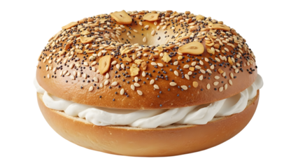 Delicious sesame seed bagel with cream cheese spread isolated on transparent background