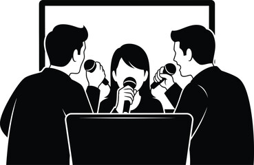 Three people speaking into microphones likely presenting or conducting an interview